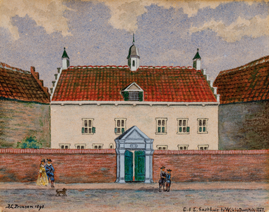  Gezicht op de voorgevel van het Ewout en Elisabeth Gasthuis te Wijk bij Duurstede naar de toestand van 1727