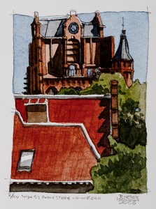  Gezicht vanuit het westen op het bovenste deel van de toren van de Grote Kerk te Wijk bij Duurstede
