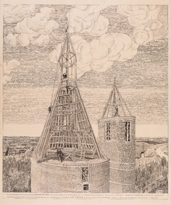  Gezicht vanuit het westen op de vernieuwing van de torenspitsen van de Bourgondische toren van huis Duurstede in 1883