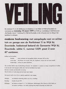  Aankondiging openbare veiling van een woning aan de Rorikstraat 11 te Wijk bij Duurstede door de notarissen H.J.C.M. ...