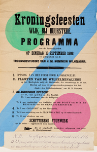  Programma van de feestelijkheden in Wijk bij Duurstede gelegenheid van de troonsbestijging van koningin Wilhelmina