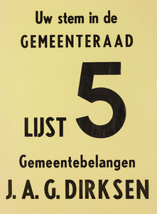  Biljet gemeenteraads-verkiezingen Wijk bij Duurstede van J.A.G. Dirksen (lijst 5 Gemeentebelangen)