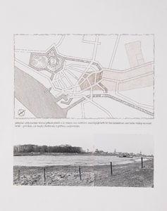  Historische plattegrond van Wijk bij Duurstede met een panoramafoto vanuit het zuidwesten over de Lek met gezicht op de stad