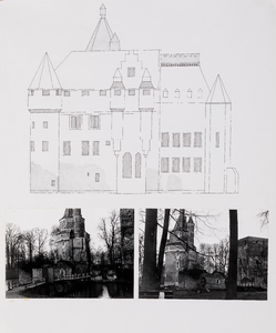  Historisch aanzichtstekening van huis Duurstede met twee foto's met gezicht vanuit het westen op de torens
