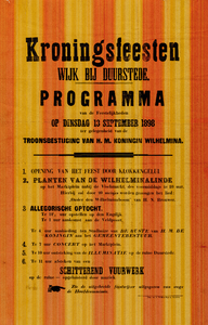  Aankondiging van de festiviteiten op 13 september 1898 te Wijk bij Duurstede ter gelegenheid van de troonsbestijging ...