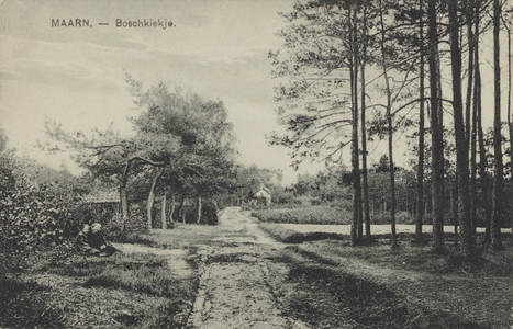  Bosweg met schuur en huis, links op de voorgrond twee dames in de berm.Waar is deze opname gemaakt?En wie zijn de twee ...