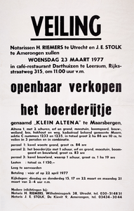  Aankondiging van de openbare verkoping, voor notaris H. Riemers te Utrecht en J.E. Stolk te Amerongen, van het ...