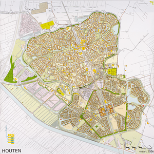  Plattegrond (zonder straatnamen) met locatie woningen in het zuidoostelijke deel van de bebouwde kom van Houten