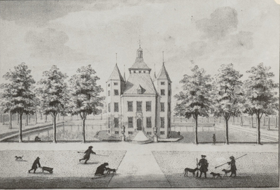  Gezicht op de voorzijde van kasteel Heemstede en de daaromheen liggende gracht.