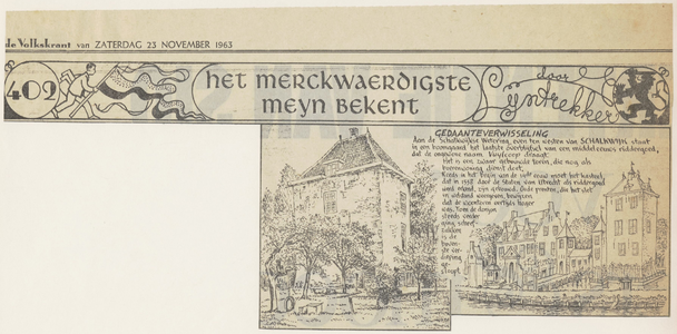  Krantenartikel met een tekening van kasteel Vuylcoop met daarbij een tekening naar een historische prent van het kasteel