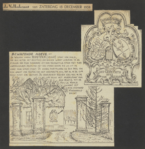 Krantenartikel met een tekening van boerderij 'Het Rechthuis van Wulven' met de pilasters van het inrijhek en de wapensteen