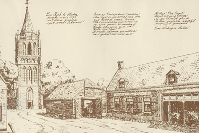  Tekening van de toren van de Nederlandse-hervormde kerk, de doorrijschuur en herberg de Engel rond 1900