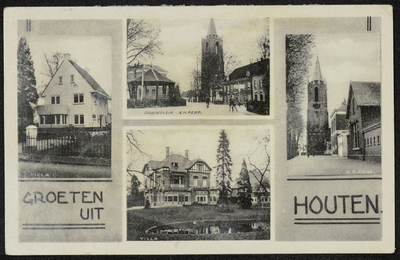  Vierluik met afbeeldingen van Houten: Twee villa's aan Herenweg, het Plein en het Groentje met de toren van de ...