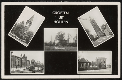  Vijfluik met afbeeldingen van Houten: Twee kerktorens, Schonauwen. R.K. School en gemeentehuis met muziektent