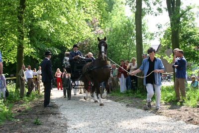  Opening van de vernieuwde 'Rechte Laan' van Wickenburgh: de paard-en-wagen waarmee de eerste rit over de laan gemaakt wordt