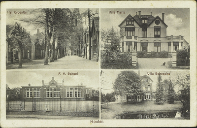  Prentbriefkaart met vier foto's van: een gedeelte van het Plein genaamd Het Groentje, Villa Maria aan de Loerikseweg, ...