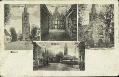  Prentbriefkaart met vier foto's van: de Burgemeester Wallerweg met de Nederlands-hervormde kerktoren, kasteel ...