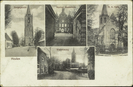 Prentbriefkaart met vier foto's van: de Burgemeester Wallerweg met de Nederlands-hervormde kerktoren, kasteel ...