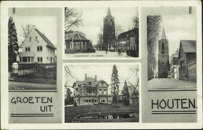  Prentbriefkaart met vier afbeeldingen: twee gezichten van het Plein, Villa Bel Respiro en een andere villa aan de Herenweg.