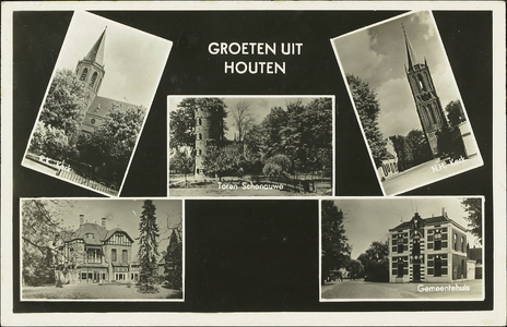  Prentbriefkaart met vijf afbeeldingen: de rooms-katholieke kerk, kasteel Schonauwen, de nederlands-hervormde ...