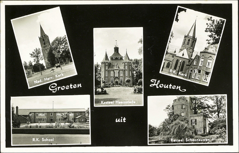  Prentbriefkaart met vijf afbeeldingen: de nederlands-hervormde kerk, kasteel Heemstede, de rooms-katholieke kerk, de ...