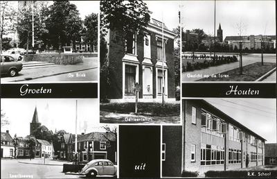  Prentbriefkaart met vijf afbeeldingen: twee foto's van een gedeelte van het Plein met de fontein, het gemeentehuis De ...