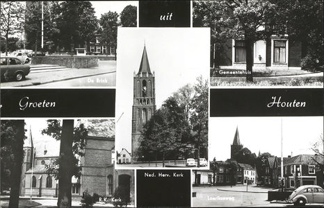  Prentbriefkaart met vijf afbeeldingen: twee foto's van een gedeelte van het Plein, de nederlands-hervormde kerk, de ...
