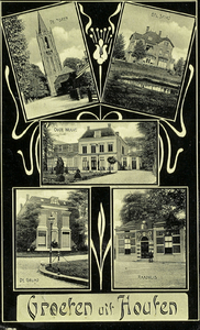  Prentbriefkaart met vijf afbeeldingen: de Burgemeester Wallerweg met de nederlands-hervormde kerktoren en de ...