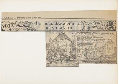  Krantenartikel met een tekening van kasteel Vuylcoop met daarbij een tekening naar een historische prent van het kasteel