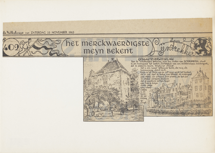 Krantenartikel met een tekening van kasteel Vuylcoop met daarbij een tekening naar een historische prent van het kasteel.