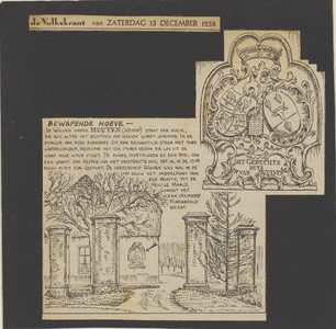  Krantenartikel met een tekening van boerderij 'Het Rechthuis van Wulven' met de pilasters van het inrijhek en de wapensteen
