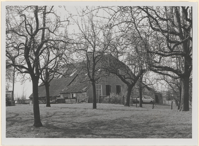 Boerderij Blokhoven. Gezicht op de voorgevel en linkerzijgevel van de boerderij met op de voorgrond hoogstam-fruitbomen.