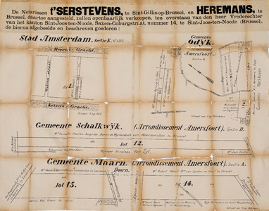  Aankondiging openbare verkoping door de notarissen t'Serstevens en Hermans te Brussel van percelen te Amsterdam ...