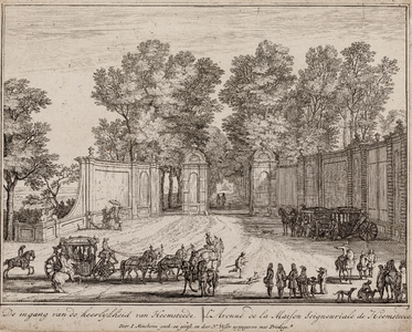  Gezicht op de ingangspoort met hek van huis Heemstede te Houten, met op de voorgrond een aantal personen en drie koetsen
