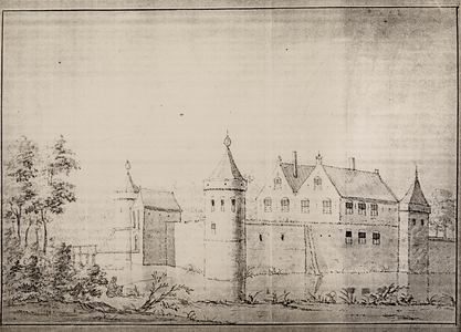 Gezicht over de gracht op de voorzijde van huis Bloemensteyn, met ophaalbrug, onder Honswijk te Tull en 't Waal ...