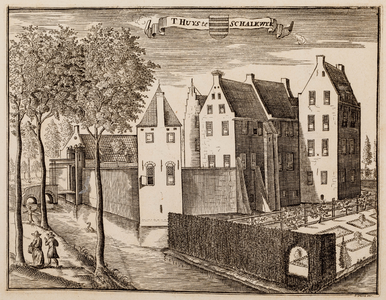 Gezicht over de gracht op de voorzijde van huis Schalkwijk, met ophaalbrug (gemeente Houten)