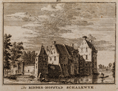  Gezicht over de gracht op de voorzijde van huis Schalkwijk (gemeente Houten), met ophaalbrug (no. 277)