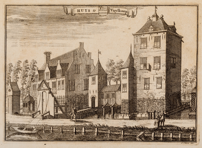 Gezicht over de gracht op de voorzijde van huis Vuylcop te Schalkwijk, met ophaalbrug