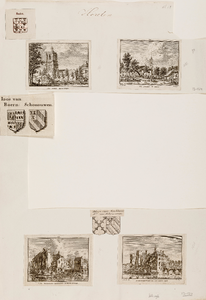  Compositieblad met 3 wapentekeningen en vier prentjes van het dorp Houten (no. 121), het dorp 't Goy (no. 222), ...