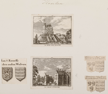  Compositieblad met 3 wapentekeningen en twee prentjes van het huis Oud-Wulven (no. 141) en het huis te Wulven (no. 142)