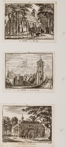  Compositieblad met 3 prentjes van de kerk in Honswijk (no. 138), de kerk in het Waal (no. 139) en huis Te Waal (no. 240)