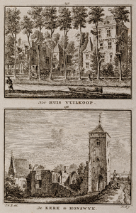  Gezicht op de voorgevel van huis Vuylcoop te Schalkwijk (no. 137) respectievelijk op de toren en het ingestortte ...