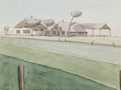  Gezicht op de voorzijde van boerderij De Grote Geer, met zomerhuis, aan de Snoeksloot 62-64 te Houten