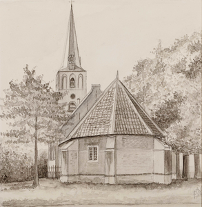  Gezicht op achterzijde van het koor van de NH-kerk, met toren, aan de Brink te Schalkwijk