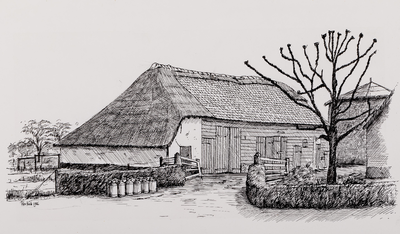  Gezicht op een schuur en een hooiberg van een boerderij aan de Lagedijk te Schalkwijk, met melkbussen op de voorgrond