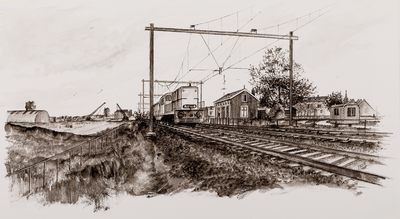  Gezicht vanuit het noorden op de spoorlijn Utrecht-Den Bosch, met locomotieven, ter hoogte van de noordelijke Rondweg-tunnel