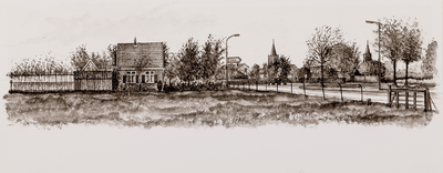  Gezicht vanaf de Schalkwijkseweg op de ingang van het dorp Houten met twee kerktorens op de achtergrond