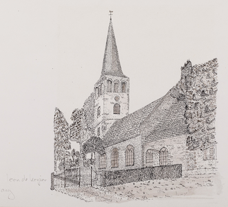  Gezicht vanuit het westen op de zijgevel en het koor van de NH-kerk, met toren, aan de Brink te Schalkwijk