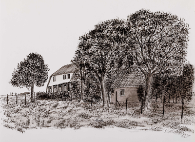  Gezicht over een weiland op de voorgevel van boerderij Rijsbrug, met zomerhuis, aan de Binnenweg 19 te Houten