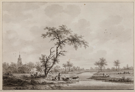  Gezicht op het dorp Houten met kerktoren en op de voorgrond links twee personen bij een boom en een bootje in het water
